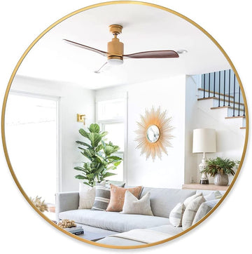 PexFix Round Mirror Circle Mirror 36" Aluminum Alloy Frame Wall Mounted Mirror Bathroom Vanity Mirror - Titanium Gold